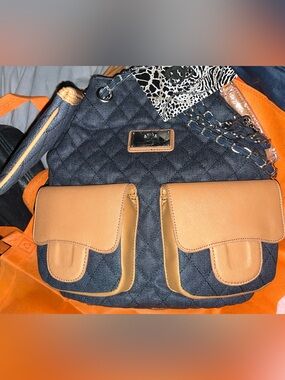 Sharif NWT Quilted Denim and Tan 3-Way Bag/Backpack